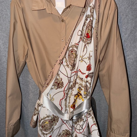 Elegant Tan Shirt Dress with Scarf - Picture 2 of 2